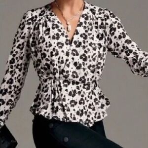 CAbi Rosette Leopard Print Ruched Sleeve Wrap Top Size L